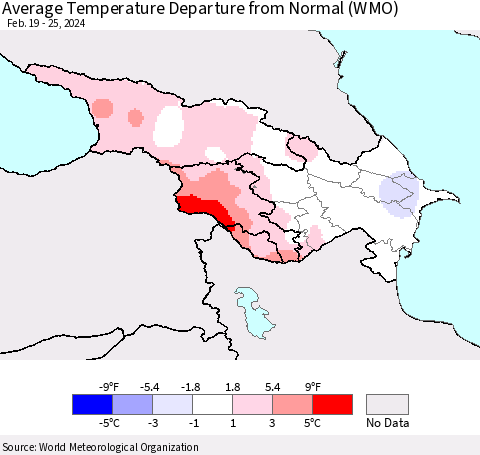 Azerbaijan, Armenia and Georgia Average Temperature Departure from Normal (WMO) Thematic Map For 2/19/2024 - 2/25/2024