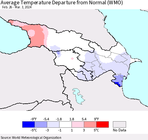 Azerbaijan, Armenia and Georgia Average Temperature Departure from Normal (WMO) Thematic Map For 2/26/2024 - 3/3/2024