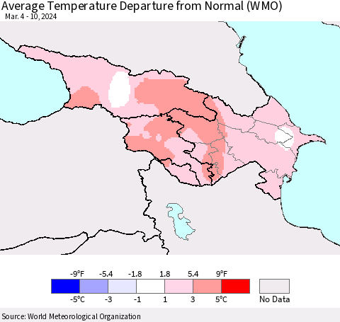 Azerbaijan, Armenia and Georgia Average Temperature Departure from Normal (WMO) Thematic Map For 3/4/2024 - 3/10/2024