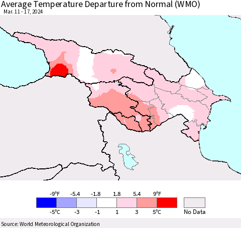 Azerbaijan, Armenia and Georgia Average Temperature Departure from Normal (WMO) Thematic Map For 3/11/2024 - 3/17/2024