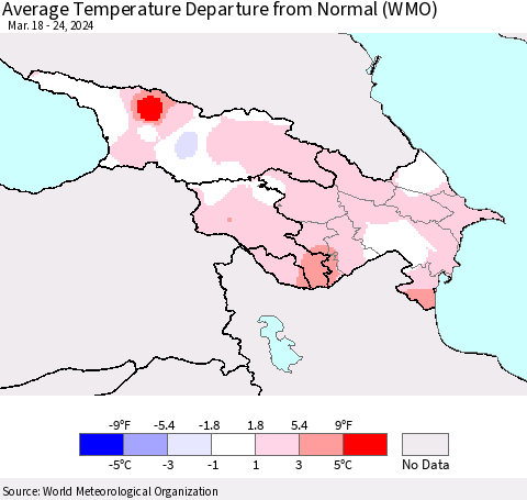 Azerbaijan, Armenia and Georgia Average Temperature Departure from Normal (WMO) Thematic Map For 3/18/2024 - 3/24/2024