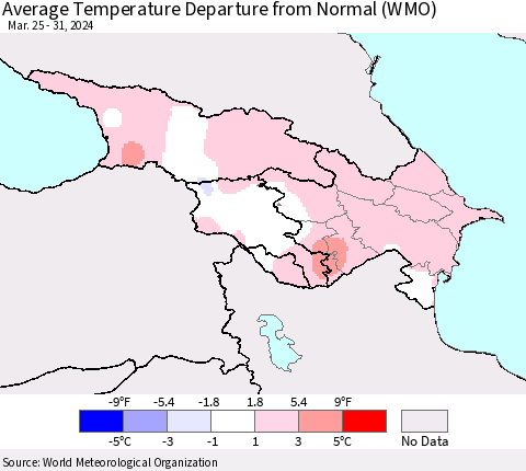 Azerbaijan, Armenia and Georgia Average Temperature Departure from Normal (WMO) Thematic Map For 3/25/2024 - 3/31/2024