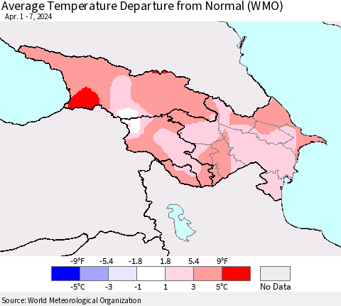 Azerbaijan, Armenia and Georgia Average Temperature Departure from Normal (WMO) Thematic Map For 4/1/2024 - 4/7/2024