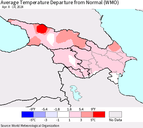 Azerbaijan, Armenia and Georgia Average Temperature Departure from Normal (WMO) Thematic Map For 4/8/2024 - 4/14/2024