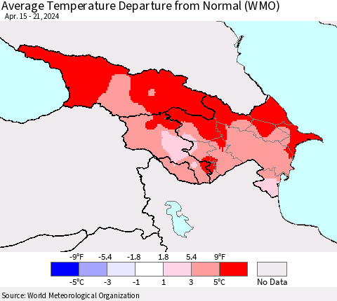 Azerbaijan, Armenia and Georgia Average Temperature Departure from Normal (WMO) Thematic Map For 4/15/2024 - 4/21/2024