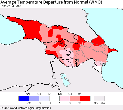 Azerbaijan, Armenia and Georgia Average Temperature Departure from Normal (WMO) Thematic Map For 4/22/2024 - 4/28/2024