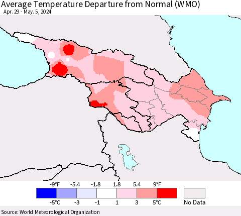 Azerbaijan, Armenia and Georgia Average Temperature Departure from Normal (WMO) Thematic Map For 4/29/2024 - 5/5/2024