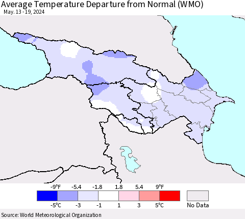 Azerbaijan, Armenia and Georgia Average Temperature Departure from Normal (WMO) Thematic Map For 5/13/2024 - 5/19/2024