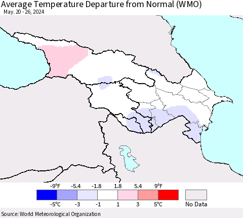 Azerbaijan, Armenia and Georgia Average Temperature Departure from Normal (WMO) Thematic Map For 5/20/2024 - 5/26/2024