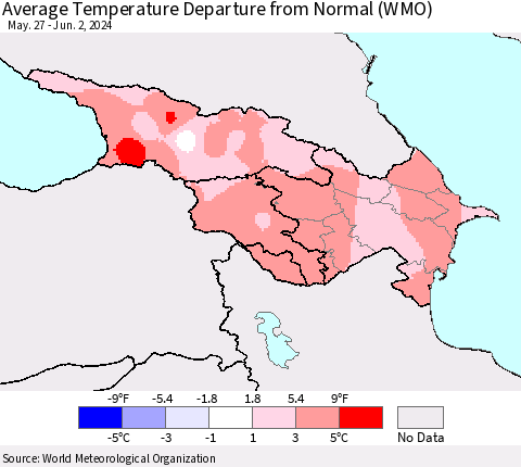 Azerbaijan, Armenia and Georgia Average Temperature Departure from Normal (WMO) Thematic Map For 5/27/2024 - 6/2/2024