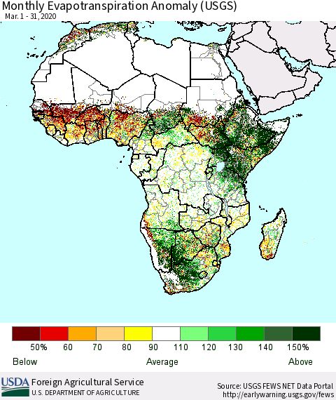 Africa Monthly Actual Evapotranspiration Anomaly (USGS) Thematic Map For 3/1/2020 - 3/31/2020
