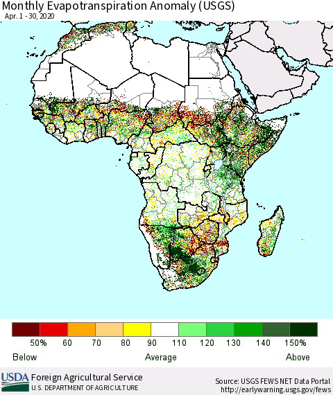 Africa Monthly Actual Evapotranspiration Anomaly (USGS) Thematic Map For 4/1/2020 - 4/30/2020