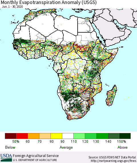 Africa Monthly Actual Evapotranspiration Anomaly (USGS) Thematic Map For 6/1/2020 - 6/30/2020