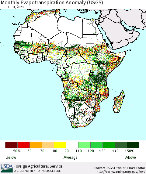 Africa Monthly Actual Evapotranspiration Anomaly (USGS) Thematic Map For 7/1/2020 - 7/31/2020