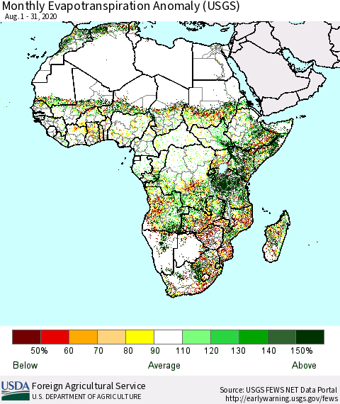 Africa Monthly Actual Evapotranspiration Anomaly (USGS) Thematic Map For 8/1/2020 - 8/31/2020