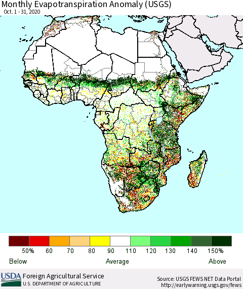 Africa Monthly Actual Evapotranspiration Anomaly (USGS) Thematic Map For 10/1/2020 - 10/31/2020