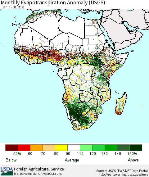 Africa Monthly Actual Evapotranspiration Anomaly (USGS) Thematic Map For 1/1/2021 - 1/31/2021