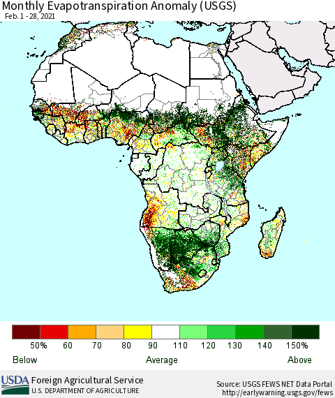 Africa Monthly Actual Evapotranspiration Anomaly (USGS) Thematic Map For 2/1/2021 - 2/28/2021