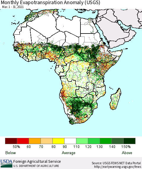 Africa Monthly Actual Evapotranspiration Anomaly (USGS) Thematic Map For 3/1/2021 - 3/31/2021