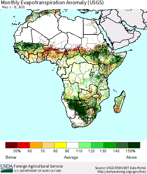 Africa Monthly Actual Evapotranspiration Anomaly (USGS) Thematic Map For 5/1/2021 - 5/31/2021