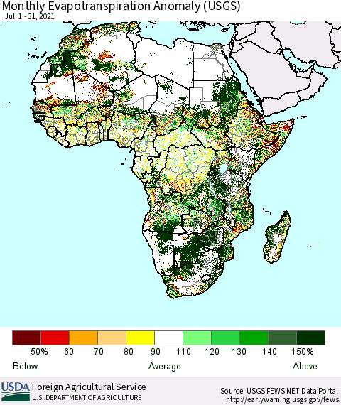 Africa Monthly Actual Evapotranspiration Anomaly (USGS) Thematic Map For 7/1/2021 - 7/31/2021