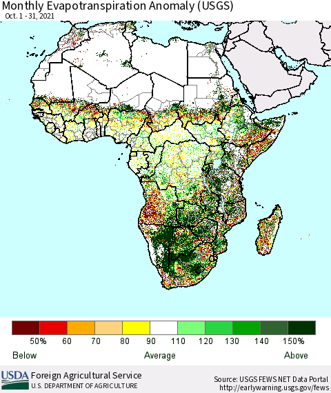 Africa Monthly Actual Evapotranspiration Anomaly (USGS) Thematic Map For 10/1/2021 - 10/31/2021