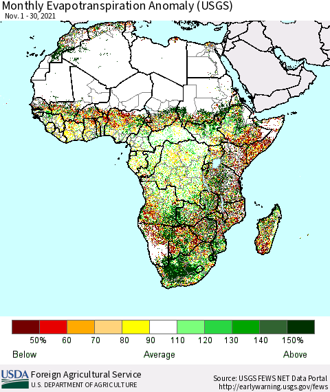 Africa Monthly Actual Evapotranspiration Anomaly (USGS) Thematic Map For 11/1/2021 - 11/30/2021