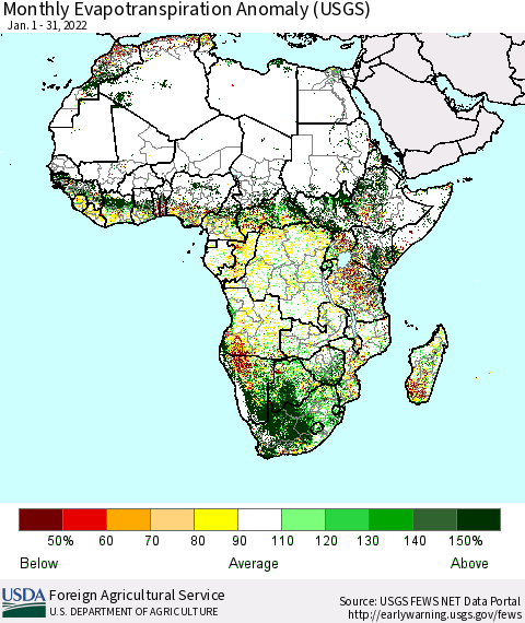 Africa Monthly Actual Evapotranspiration Anomaly (USGS) Thematic Map For 1/1/2022 - 1/31/2022