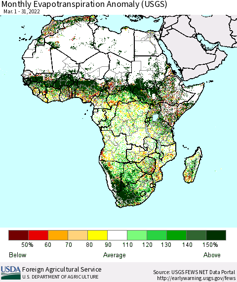 Africa Monthly Actual Evapotranspiration Anomaly (USGS) Thematic Map For 3/1/2022 - 3/31/2022