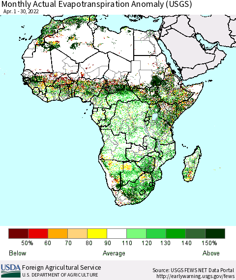 Africa Monthly Actual Evapotranspiration Anomaly (USGS) Thematic Map For 4/1/2022 - 4/30/2022