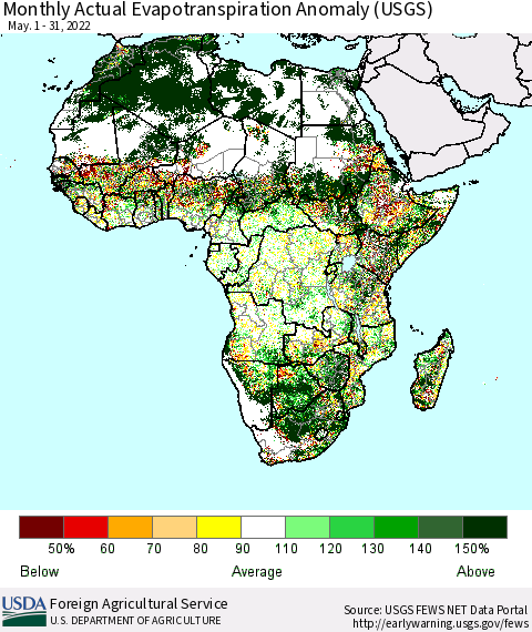Africa Monthly Actual Evapotranspiration Anomaly (USGS) Thematic Map For 5/1/2022 - 5/31/2022