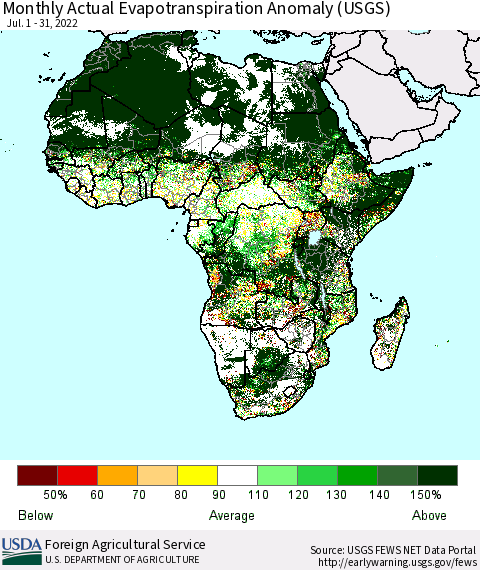 Africa Monthly Actual Evapotranspiration Anomaly (USGS) Thematic Map For 7/1/2022 - 7/31/2022