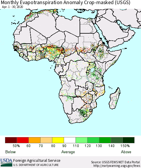Africa Monthly Actual Evapotranspiration Anomaly over Croplands (USGS) Thematic Map For 4/1/2020 - 4/30/2020