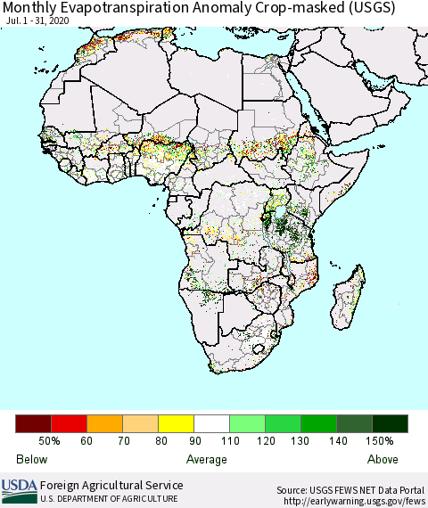 Africa Monthly Actual Evapotranspiration Anomaly over Croplands (USGS) Thematic Map For 7/1/2020 - 7/31/2020