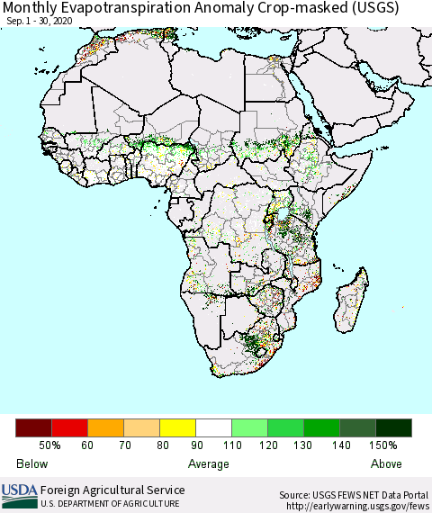 Africa Monthly Actual Evapotranspiration Anomaly over Croplands (USGS) Thematic Map For 9/1/2020 - 9/30/2020