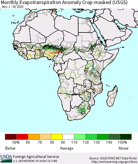 Africa Monthly Actual Evapotranspiration Anomaly over Croplands (USGS) Thematic Map For 11/1/2020 - 11/30/2020