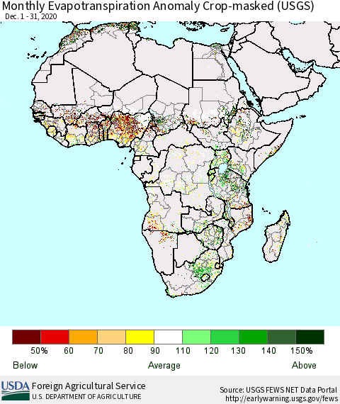 Africa Monthly Actual Evapotranspiration Anomaly over Croplands (USGS) Thematic Map For 12/1/2020 - 12/31/2020