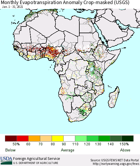 Africa Monthly Actual Evapotranspiration Anomaly over Croplands (USGS) Thematic Map For 1/1/2021 - 1/31/2021