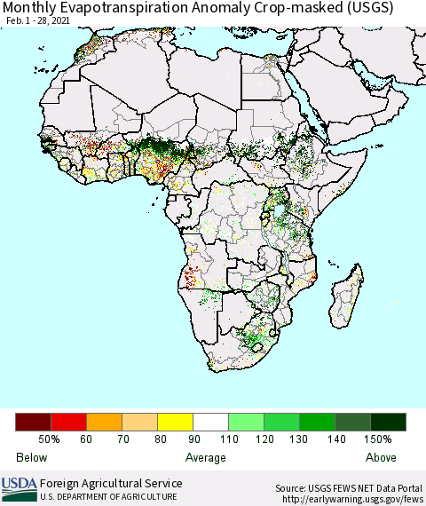 Africa Monthly Actual Evapotranspiration Anomaly over Croplands (USGS) Thematic Map For 2/1/2021 - 2/28/2021