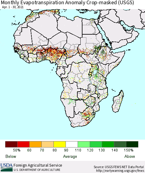 Africa Monthly Actual Evapotranspiration Anomaly over Croplands (USGS) Thematic Map For 4/1/2021 - 4/30/2021