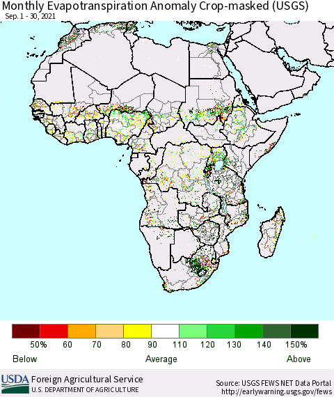 Africa Monthly Actual Evapotranspiration Anomaly over Croplands (USGS) Thematic Map For 9/1/2021 - 9/30/2021