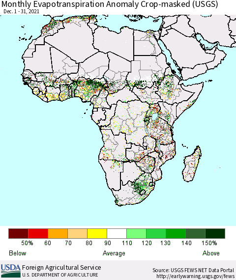 Africa Monthly Actual Evapotranspiration Anomaly over Croplands (USGS) Thematic Map For 12/1/2021 - 12/31/2021