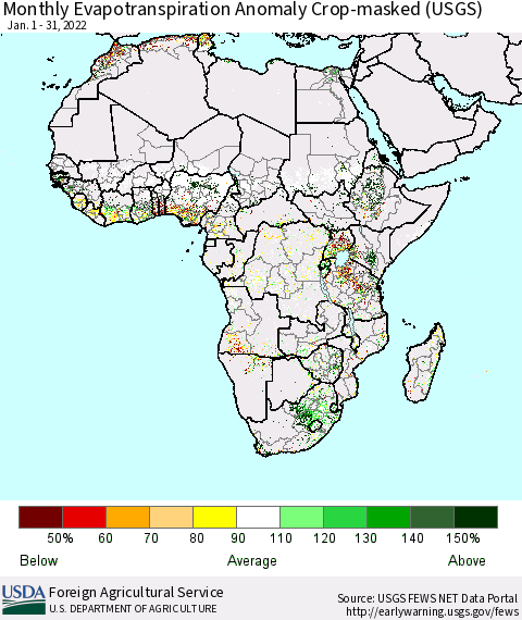 Africa Monthly Actual Evapotranspiration Anomaly over Croplands (USGS) Thematic Map For 1/1/2022 - 1/31/2022