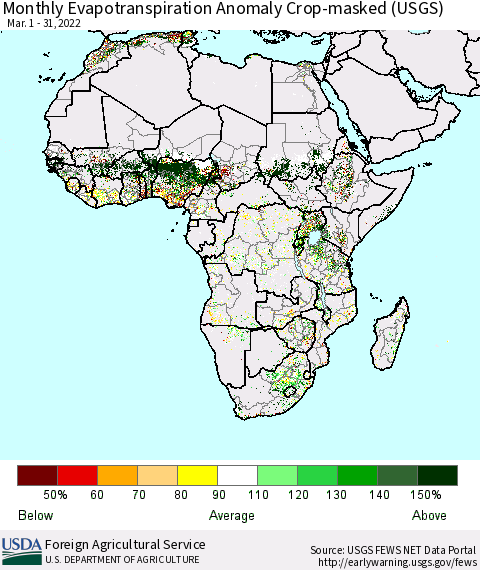 Africa Monthly Actual Evapotranspiration Anomaly over Croplands (USGS) Thematic Map For 3/1/2022 - 3/31/2022