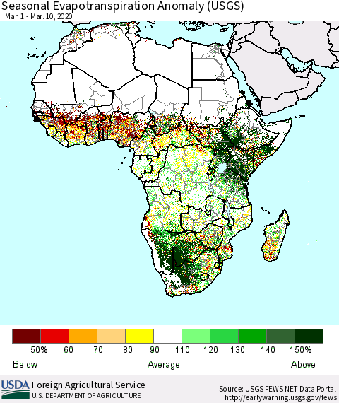 Africa Seasonal Actual Evapotranspiration Anomaly (USGS) Thematic Map For 3/1/2020 - 3/10/2020