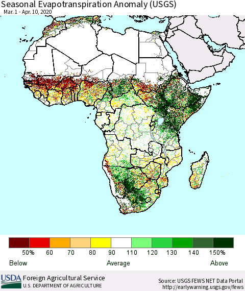 Africa Seasonal Actual Evapotranspiration Anomaly (USGS) Thematic Map For 3/1/2020 - 4/10/2020