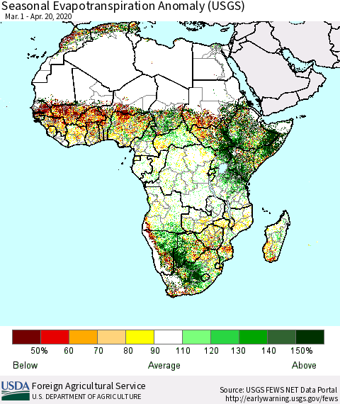 Africa Seasonal Actual Evapotranspiration Anomaly (USGS) Thematic Map For 3/1/2020 - 4/20/2020