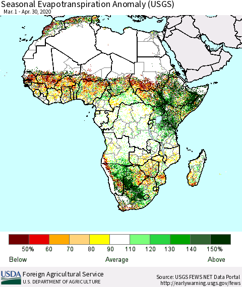 Africa Seasonal Actual Evapotranspiration Anomaly (USGS) Thematic Map For 3/1/2020 - 4/30/2020
