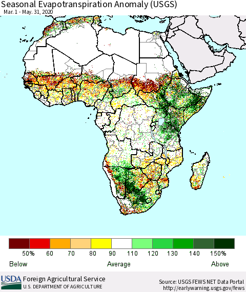 Africa Seasonal Actual Evapotranspiration Anomaly (USGS) Thematic Map For 3/1/2020 - 5/31/2020