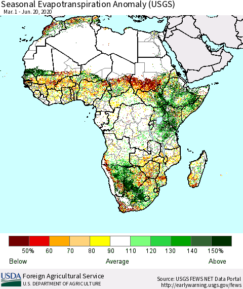 Africa Seasonal Actual Evapotranspiration Anomaly (USGS) Thematic Map For 3/1/2020 - 6/20/2020